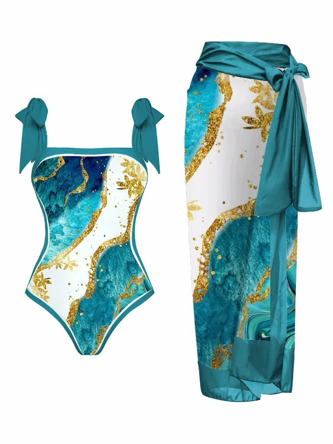 Swimwear Multi Color Printed Chiffon Dress One Piece Sunscreen Swimsuit Bella Mia